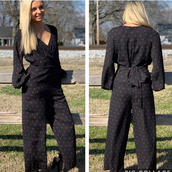 🔥MAISON JULES🔥WIDE-LEG JUMPSUIT PRINTED LADYBUGS BLACK/RED SIZE 4 NWT - Picture 2 of 6